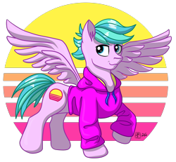 Size: 3334x3083 | Tagged: safe, artist:olificus, oc, oc only, oc:tranquil neon, pegasus, pony, clothes, commission, high res, hoodie, male, original art, pegasus oc, simple background, solo, spread wings, stallion, sweatshirt, transparent background, vaporwave, wings