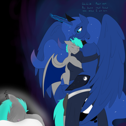 Size: 4000x4000 | Tagged: safe, artist:astrum, princess luna, alicorn, bat pony, anthro, g4, abstract background, amazon, biceps, clothes, comforting, crown, crying, deltoids, dialogue, digital art, dream, dream walker luna, dress, ethereal mane, ethereal tail, eyes closed, female, floppy ears, flowing mane, glowing eyes, glowing horn, hand on head, height difference, horn, hug, jewelry, larger female, lidded eyes, male, mare, muscles, muscular female, night guard, nightmare, onomatopoeia, princess muscle moona, protecting, regalia, royal guard, ship:guardluna, shipping, side slit, size difference, sleeping, smaller male, smiling, sound effects, stallion, straight, underwear, wings, zzz