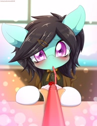 Size: 1932x2500 | Tagged: safe, artist:an-m, oc, oc only, oc:dakara, pony, bendy straw, blushing, clothes, drinking straw, looking at you, offscreen character, pov, solo