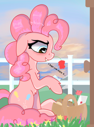 Size: 2181x2946 | Tagged: safe, artist:coffeeponee, pinkie pie, earth pony, pony, g4, basket, blushing, chest fluff, door, fence, flower, food, grass, high res, letter, muffin, raised hoof, rose, scenery, sitting, solo