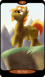 Size: 1500x2591 | Tagged: safe, artist:sixes&sevens, part of a set, button mash, earth pony, pony, g4, bag, cliff, eye clipping through hair, facial hair, floral head wreath, flower, goatee, grass, looking up, major arcana, male, mountain, mountain range, older, older button mash, outdoors, raised hoof, saddle bag, smiling, solo, stallion, tarot, tarot card, the fool, this will end in pain, walking