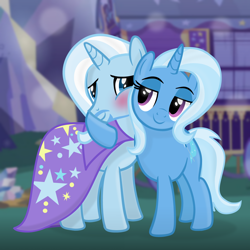 Size: 2000x2000 | Tagged: safe, artist:grapefruitface1, trixie, oc, oc:grapefruit face, pony, unicorn, g4, blushing, canon x oc, cape, clothes, duo, female, grapexie, high res, hug, looking at each other, male, outdoors, paint on fur, prequel, shipping, show accurate, standing, straight, trixie's cape, trixie's wagon