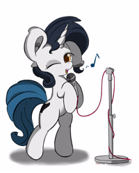 Size: 2000x2500 | Tagged: safe, artist:hisp, oc, oc only, oc:cain, pony, unicorn, big ears, bipedal, cute, female, high res, looking at you, microphone, music notes, one eye closed, open mouth, simple background, singing, smiling, solo, white background, wink, winking at you