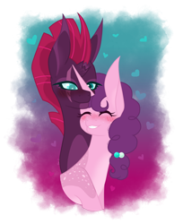 Size: 1280x1572 | Tagged: safe, artist:magicuniclaws, sugar belle, tempest shadow, pony, g4, bust, female, lesbian, portrait, shipping, simple background, tempestbelle, transparent background