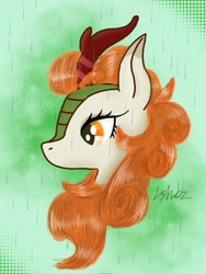 Size: 1536x2048 | Tagged: safe, artist:lshbz, autumn blaze, kirin, sounds of silence, female, green background, mare, rain, simple background, solo