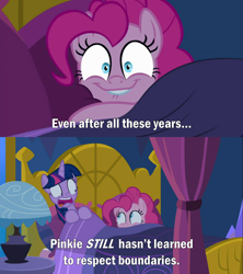 Size: 2000x2249 | Tagged: safe, edit, edited screencap, screencap, pinkie pie, twilight sparkle, alicorn, earth pony, pony, cakes for the memories, g4, my little pony: friendship is forever, bed, bedroom, comic, creepy, duo, duo female, female, high res, lamp, lip bite, mare, open mouth, personal space invasion, pillow, pinkie pie is watching you, screaming, screencap comic, shocked, shrunken pupils, smiling, twilight sparkle (alicorn), twilight's castle