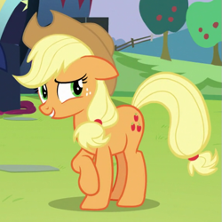 Size: 575x575 | Tagged: safe, screencap, applejack, earth pony, pony, g4, the mane attraction, applejack's hat, cowboy hat, cropped, cute, female, floppy ears, hat, jackabetes, mare, smiling, solo, teeth