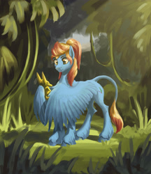 Size: 3320x3847 | Tagged: safe, artist:kirillk, oc, oc only, oc:merrifeather, pegasus, pony, figure, gold, gradient mane, gradient tail, grass, high res, jungle, leonine tail, looking at something, smiling, solo, two toned mane, two toned tail, unshorn fetlocks, wing hands, wing hold, wings