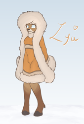 Size: 3200x4700 | Tagged: safe, artist:sneetymist, oc, oc only, oc:lya the reindeer, deer, reindeer, anthro, unguligrade anthro, blind, breasts, clothes, colored, dress, female, fur coat, parka, partial nudity, simple background, snow, solo, traditional clothing, winter outfit
