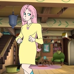 Size: 1000x1000 | Tagged: safe, artist:11_corpse_11, fluttershy, human, g4, clothes, couch, dress, female, fluttershy's cottage (interior), humanized, indoors, jewelry, necklace, solo
