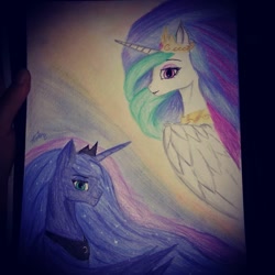 Size: 1080x1080 | Tagged: safe, artist:cats_drawings_cos, princess celestia, princess luna, alicorn, pony, g4, bust, duo, female, horn, jewelry, mare, peytral, siblings, sisters, tiara, traditional art, wings