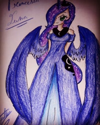 Size: 1080x1350 | Tagged: safe, artist:cats_drawings_cos, human, arm behind back, clothes, cutie mark, cutie mark on clothes, dress, ethereal mane, eyelashes, female, galaxy mane, hair over one eye, humanized, jewelry, signature, smiling, solo, tiara, traditional art, winged humanization, wings