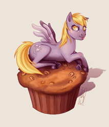 Size: 2550x3000 | Tagged: safe, artist:honeybuzz, artist:lilith-luxe, derpy hooves, pegasus, pony, g4, colored pupils, food, giant muffin, high res, lying down, muffin, prone, simple background, solo, tongue out