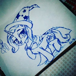 Size: 1080x1080 | Tagged: safe, artist:cats_drawings_cos, trixie, pony, unicorn, g4, cape, clothes, female, hat, hoof on chest, horn, mare, raised hoof, signature, smiling, solo, traditional art