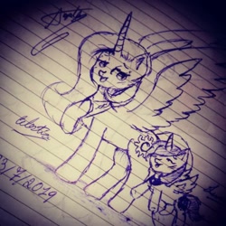 Size: 1080x1080 | Tagged: safe, artist:cats_drawings_cos, princess celestia, princess luna, alicorn, pony, g4, duo, female, filly, filly luna, hoof on chest, horn, lined paper, mare, peytral, raised hoof, siblings, signature, sisters, traditional art, wings, woona, younger