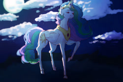 Size: 1280x855 | Tagged: safe, artist:burr-ito, princess celestia, alicorn, pony, g4, female, mare, moon, night, raised hoof, sad, sadlestia, solo