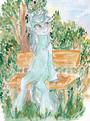 Size: 574x774 | Tagged: safe, artist:carboneum, lyra heartstrings, pony, unicorn, semi-anthro, g4, arm hooves, bench, sitting, sitting lyra, solo, traditional art