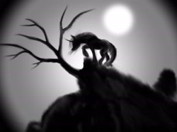 Size: 2732x2048 | Tagged: safe, artist:daisyazuras, oc, oc only, pony, unicorn, grayscale, high res, monochrome, moon, solo, tree