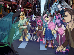 Size: 1024x768 | Tagged: safe, artist:incendiarymoth, applejack, fluttershy, pinkie pie, queen chrysalis, rainbow dash, rarity, twilight sparkle, draconequus, human, anthro, unguligrade anthro, fanfic:the unexpected future, g4, commission, draconequified, fanfic, flutterequus, mane six, species swap