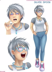 Size: 1700x2334 | Tagged: safe, artist:melisaongmiqin, silver spoon, human, g4, alternate hairstyle, clothes, converse, glasses, glasses off, humanized, jewelry, laughing, makeup, necklace, older, older silver spoon, pearl necklace, reference sheet, shoes, short hair, very short hair