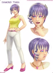 Size: 1700x2334 | Tagged: safe, artist:melisaongmiqin, diamond tiara, human, g4, alternate hairstyle, belly button, humanized, jewelry, makeup, midriff, necklace, reference sheet, short hair, smiling, very short hair