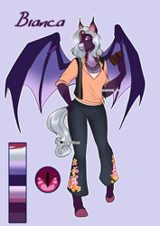 Size: 2865x4051 | Tagged: safe, artist:blackblood-queen, oc, oc only, oc:bianca, bat pony, anthro, unguligrade anthro, anthro oc, bat pony oc, clothes, digital art, ear piercing, fangs, female, hand on hip, mare, pants, pickpocketing, piercing, reference sheet, shirt, slit pupils, stealing, thief, wallet