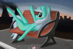 Size: 3000x2000 | Tagged: safe, artist:stravy_vox, lyra heartstrings, pony, unicorn, g4, bench, cigarette, city, cooling tower, high res, lying down, on back, solo