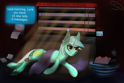Size: 3000x2000 | Tagged: safe, artist:stravy_vox, lyra heartstrings, pony, unicorn, g4, alarm clock, amputee, clock, couch, cyber legs, cybernetic legs, high res, prosthetic limb, prosthetics, science fiction, solo