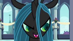 Size: 1920x1080 | Tagged: safe, screencap, queen chrysalis, changeling, changeling queen, a canterlot wedding, g4, season 2, banner, bust, candle, close-up, fangs, female, lidded eyes, looking at something, open mouth, solo, this day aria