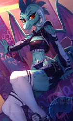 Size: 602x1000 | Tagged: safe, artist:skeleion, princess ember, dragon, anthro, belly button, breasts, clothes, crop top hoodie, delicious flat chest, dragoness, female, graffiti, helluva boss, little nightmares 2, lizard breasts, looking at you, panties, semi-suggestive, sexy, shoes, shorts, sitting, stockings, stupid sexy princess ember, thigh highs, thighs, underwear