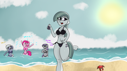 Size: 1920x1080 | Tagged: safe, artist:inky scroll, limestone pie, marble pie, maud pie, pinkie pie, crab, earth pony, anthro, unguligrade anthro, g4, beach, bikini, breasts, busty limestone pie, busty marble pie, busty maud pie, busty pie sisters, busty pinkie pie, clothes, drink, female, ocean, summer, sweat, swimming, swimsuit