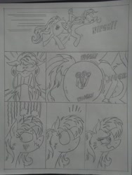 Size: 1944x2592 | Tagged: safe, artist:princebluemoon3, oc, oc:rainbow candy, oc:tommy the human, earth pony, human, pegasus, pony, comic:sisterly silliness, black and white, blushing, blushing profusely, butt, canterlot, canterlot castle, castle, child, clothes, comic, commissioner:bigonionbean, cutie mark, descriptive noise, dialogue, ear scratch, embarrassed, extra thicc, female, flank, fusion, grayscale, hallway, horse noises, human oc, irritated, jiggle, male, mare, monochrome, mounting, neigh, petting, plot, relaxed, riding, riding a pony, snorting, steam, traditional art, whiskers, wings, writer:bigonionbean