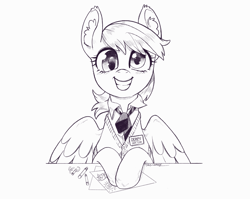 Size: 4109x3277 | Tagged: safe, artist:taytinabelle, derpy hooves, pegasus, pony, g4, black and white, clothes, crayon, cute, dress shirt, ear fluff, female, grayscale, happy, high res, looking at you, mare, monochrome, name tag, necktie, simple background, sketch, smiling, solo, spread wings, sweater, sweater vest, vest, white background, wings