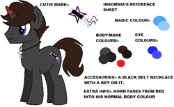 Size: 706x434 | Tagged: safe, artist:insomnia, oc, oc only, oc:insomnia, pony, unicorn, cutie mark, horn, jewelry, key, key necklace, magic wand, male, necklace, red horn, reference sheet, simple background, solo, stallion, white background