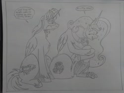 Size: 2592x1944 | Tagged: safe, artist:princebluemoon3, oc, oc:king speedy hooves, oc:queen galaxia (bigonionbean), oc:tommy the human, alicorn, human, pony, comic:sisterly silliness, alicorn oc, black and white, butt, canterlot, canterlot castle, castle, child, clothes, comic, commissioner:bigonionbean, confused, cute, cutie mark, daaaaaaaaaaaw, dialogue, family, father and child, father and son, female, flank, fusion, fusion:big macintosh, fusion:flash sentry, fusion:princess cadance, fusion:princess celestia, fusion:princess luna, fusion:shining armor, fusion:trouble shoes, fusion:twilight sparkle, grayscale, horn, hug, hugging a pony, human oc, husband and wife, jewelry, male, mare, monochrome, mother and child, mother and son, plot, regalia, royalty, sitting, stallion, throne room, traditional art, unknown pony, wings, writer:bigonionbean