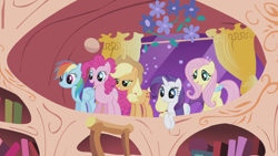 Size: 1920x1080 | Tagged: safe, screencap, applejack, fluttershy, pinkie pie, rainbow dash, rarity, earth pony, pegasus, pony, unicorn, g4, season 1, the ticket master, animation error, female, golden oaks library, group, library, looking down, mare, night, remane five, weird description