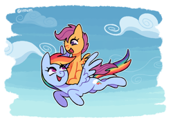 Size: 1280x929 | Tagged: safe, artist:risswm, rainbow dash, scootaloo, pegasus, pony, g4, cloud, cute, duo, female, filly, flying, mare, open mouth, open smile, ponies riding ponies, riding, scootaloo riding rainbow dash, scootalove, sibling bonding, sitting, sky, smiling, spread wings, wings