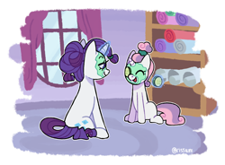 Size: 1280x943 | Tagged: safe, artist:risswm, rarity, sweetie belle, pony, unicorn, g4, carousel boutique, cucumber, cute, diasweetes, duo, eyes closed, female, filly, food, magic, mare, mud mask, open mouth, sibling bonding, siblings, sisters, sitting, telekinesis