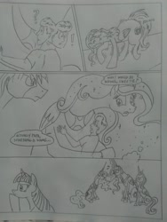 Size: 1944x2592 | Tagged: safe, artist:princebluemoon3, oc, oc:king speedy hooves, oc:queen galaxia (bigonionbean), oc:rainbow candy, oc:tommy the human, alicorn, earth pony, human, pegasus, pony, comic:sisterly silliness, alicorn oc, black and white, bouncing, butt, canterlot, canterlot castle, castle, child, clothes, comic, commissioner:bigonionbean, concerned, confused, cutie mark, dialogue, family, father and child, father and son, female, flank, fusion, fusion:big macintosh, fusion:flash sentry, fusion:princess cadance, fusion:princess celestia, fusion:princess luna, fusion:shining armor, fusion:trouble shoes, fusion:twilight sparkle, glance, grayscale, horn, hug, hugging a pony, human oc, husband and wife, hyperventilating, jewelry, jiggle, male, mare, monochrome, mother and child, mother and son, panicking, paper bag, plot, pondering, regalia, royalty, sitting, stallion, thought bubble, throne room, traditional art, unknown pony, wings, writer:bigonionbean