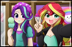 Size: 4096x2697 | Tagged: safe, artist:kittyrosie, starlight glimmer, sunset shimmer, equestria girls, mirror magic, spoiler:eqg specials, anime, beanie, blushing, breasts, cleavage, cute, duo, female, food, glimmerbetes, hat, human coloration, ice cream, messy, open mouth, peace sign, selfie, shimmerbetes