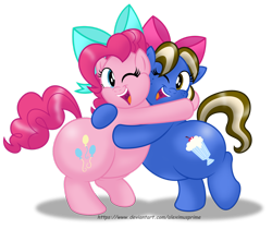 Size: 1600x1342 | Tagged: safe, artist:aleximusprime, pinkie pie, oc, oc:sundae shake, pony, g4, chubby, commission, fat, hug, one eye closed, pudgy pie, simple background, transparent background