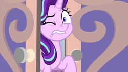 Size: 1366x768 | Tagged: safe, screencap, starlight glimmer, pony, unicorn, g4, the beginning of the end, faic, female, mare, one eye closed, raised hoof, solo, starlight glimmer is best facemaker