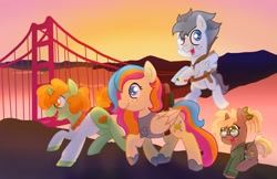 Size: 2048x1325 | Tagged: safe, artist:sketchthewitch, oc, oc only, oc:copper chip, oc:golden gates, oc:silver span, pegasus, pony, unicorn, babscon, babscon mascots, golden gate bridge, mascot, san francisco, united states