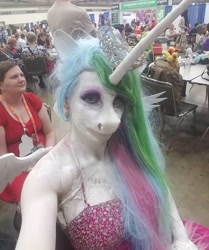 Size: 750x897 | Tagged: safe, princess celestia, human, bronycon, g4, clothes, cosplay, costume, cursed image, irl, irl human, makeup, nightmare fuel, photo, uncanny valley, united states