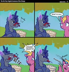 Size: 2200x2283 | Tagged: safe, artist:viwrastupr, oc, oc:kno change, unnamed oc, kirin, pony, sea pony, comic:the not very magical adventures of kno change, comic, crawfish, eating, faint, food, high res, kirin oc, meat, ponies eating meat, speech bubble