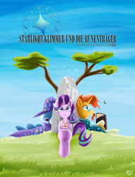 Size: 1590x2085 | Tagged: safe, artist:jphyperx, starlight glimmer, sunburst, trixie, pony, unicorn, fanfic:starlight glimmer and the runekeepers, g4, book, fanfic, fanfic art, fanfic cover, german, japanese, jewelry, pendant, rock, tree