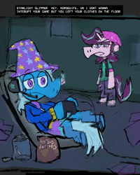 Size: 642x802 | Tagged: safe, artist:cate wurtz, starlight glimmer, trixie, g4, beanie, bipedal, clothes, dialogue, equestria girls outfit, gaming, hat