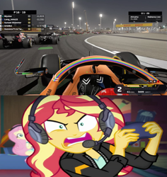 Size: 817x864 | Tagged: safe, edit, edited screencap, screencap, fluttershy, sunset shimmer, equestria girls, equestria girls series, g4, game stream, spoiler:eqg series (season 2), angry, comparison, controller, drift, duo, duo female, f1 2020, f1 car, female, formula 1, mclaren, open mouth, rage, shimmercode, tell me what you need, wrong aspect ratio