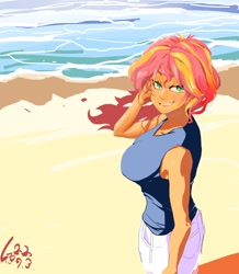 Size: 900x1030 | Tagged: safe, artist:sozglitch, sunset shimmer, equestria girls, g4, beach, breasts, busty sunset shimmer, female, looking at you, smiling, solo, wave, windswept hair