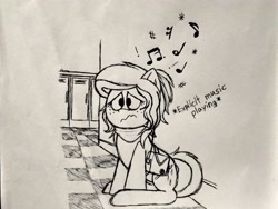 Size: 2560x1920 | Tagged: safe, artist:thebadbadger, oc, oc:vela luz, pony, disturbed, female, mare, music notes, sitting, traditional art, wavy mouth
